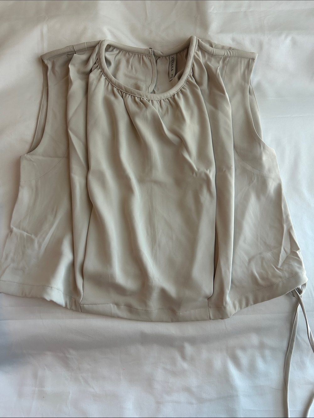 Sleeveless Cream Blouse with Gathered Neckline - zenana